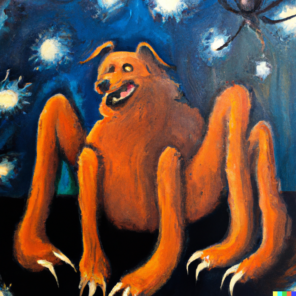 expressive oil painting of a huge dog with eight spider legs in space